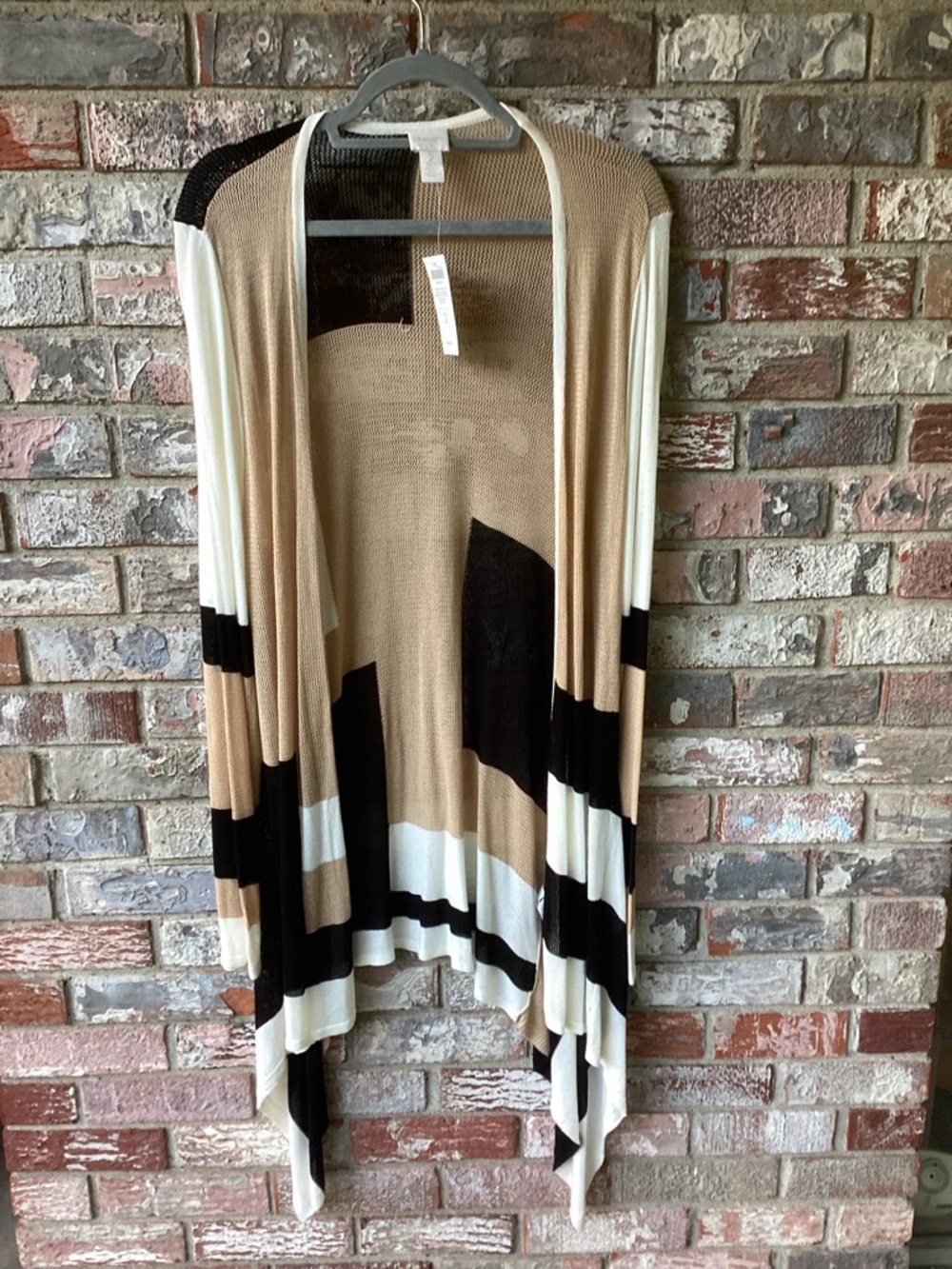 CHICOS Striped Open-Front Cardigan in Black, Tan & Cream